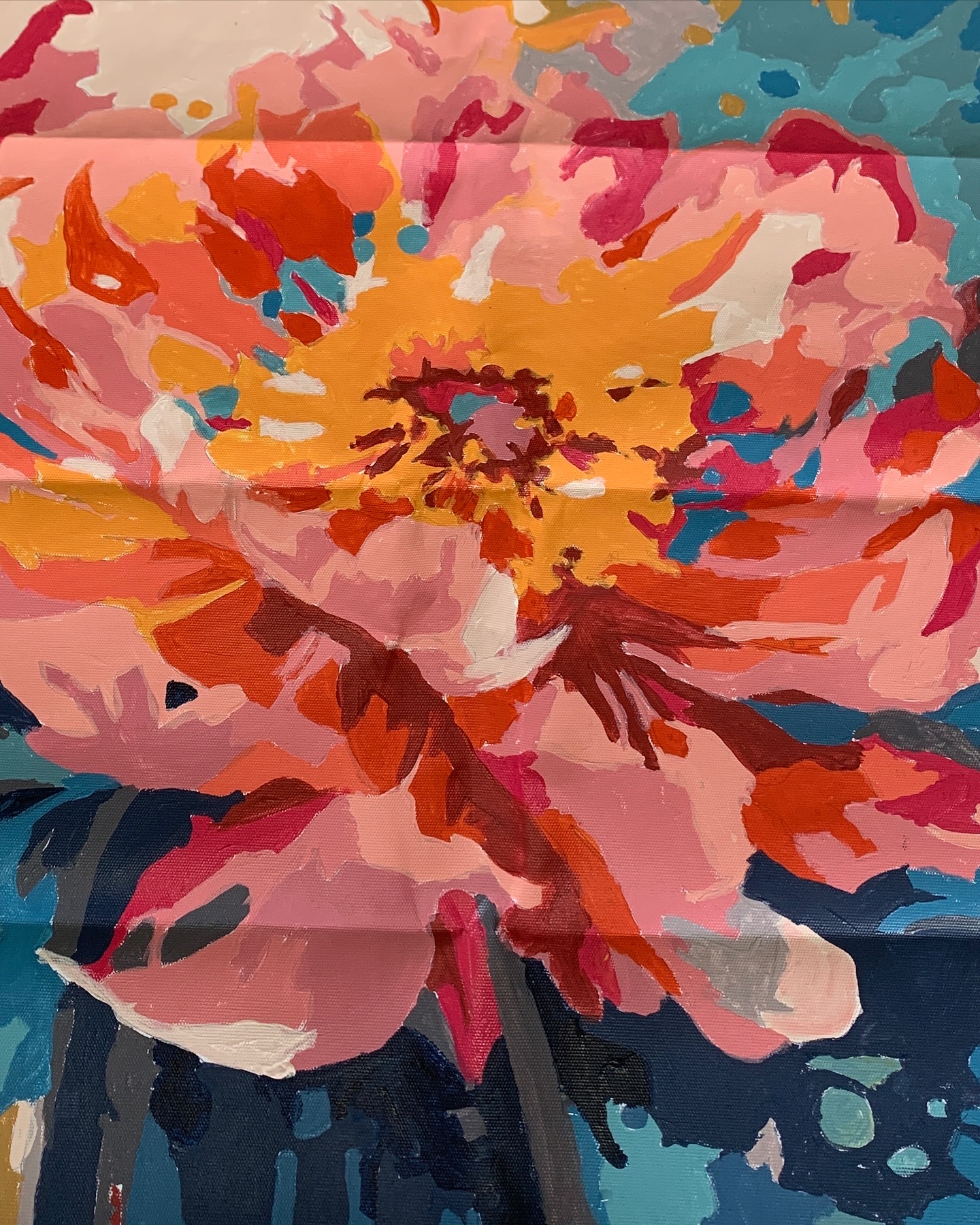 Acrylic painting of a bright pink and orange rose on teal