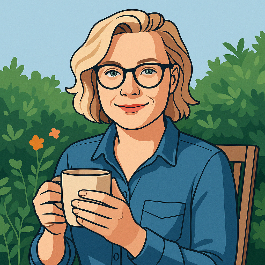 Danielle in her Australian rose garden with a cup of tea