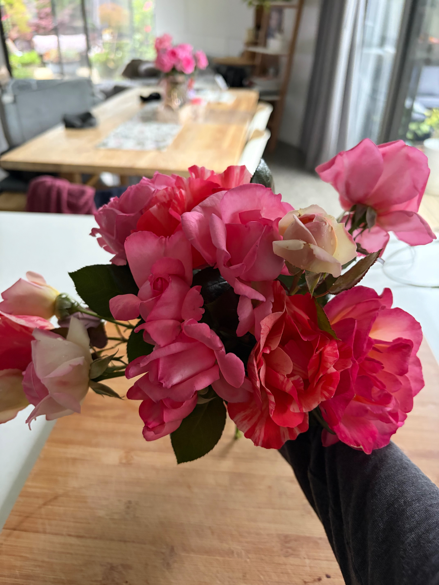 Pink and coral roses cut from the garden
