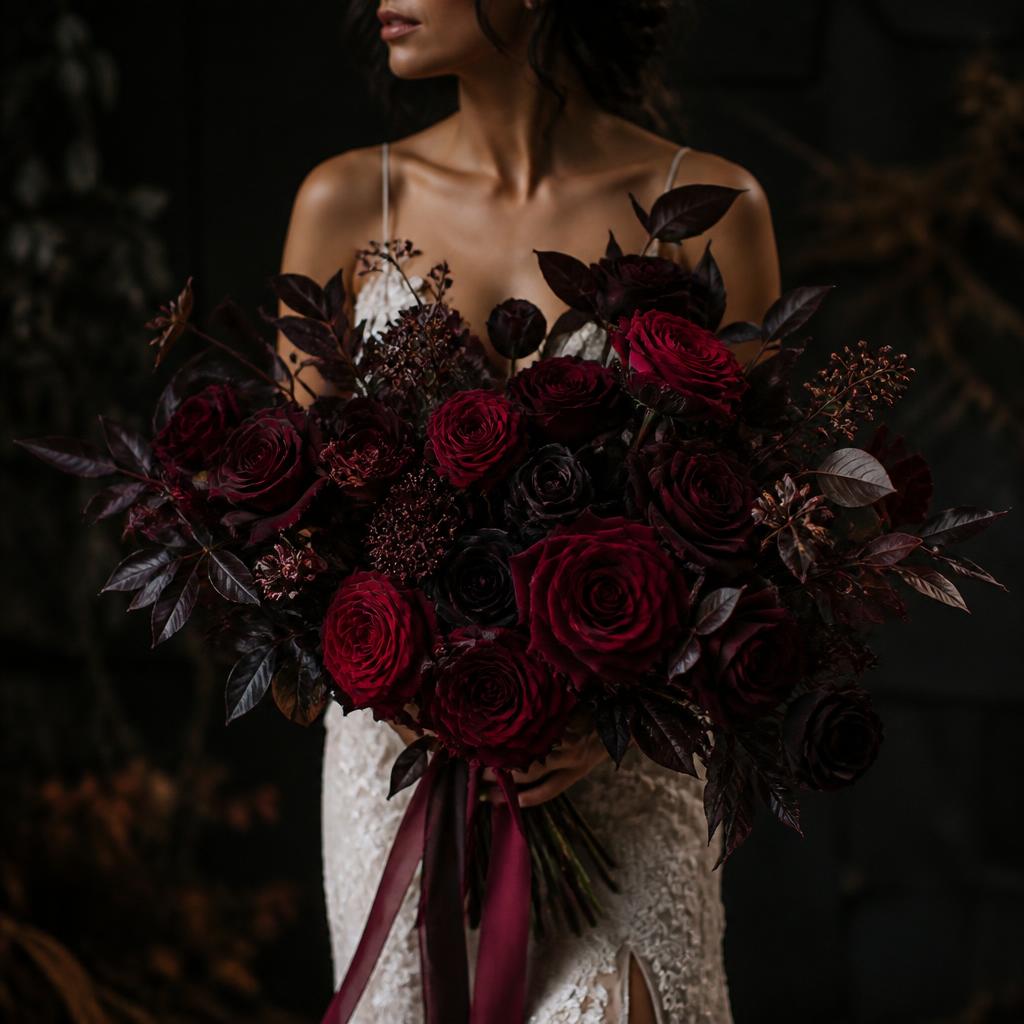 Moody burgundy & black rose bouquet