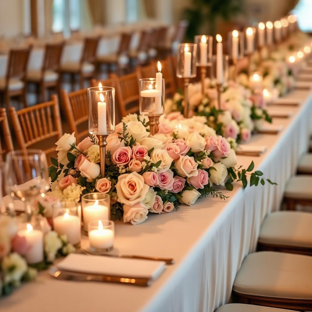 Long-table rose centrepieces